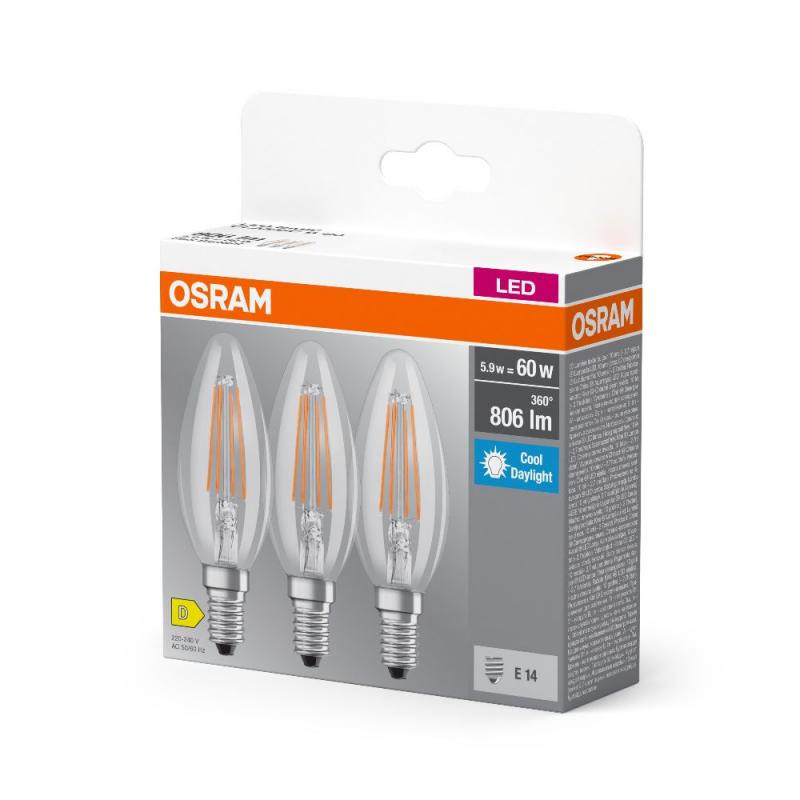 3er OSRAM E14 LED Base Classic B 60  Kerze klar 5,9W wie 60W kaltweß für Kronleucher und schmale Leuchten